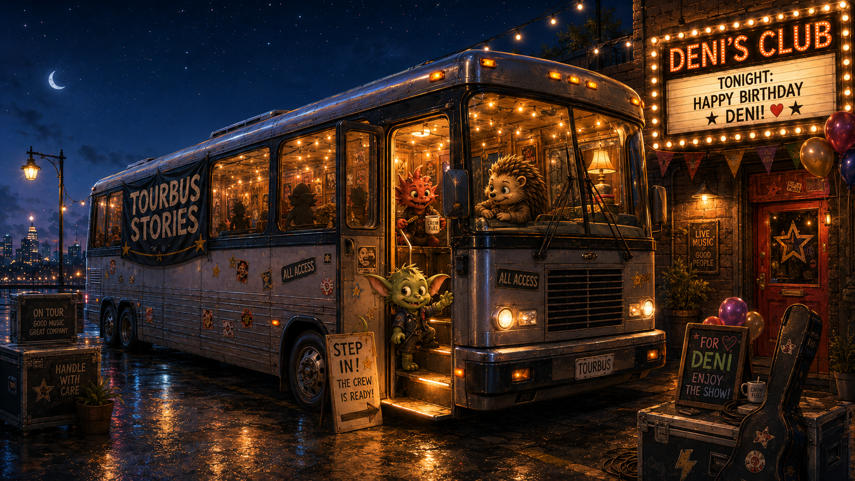 Tour bus outside Deni's Club for Deni's birthday